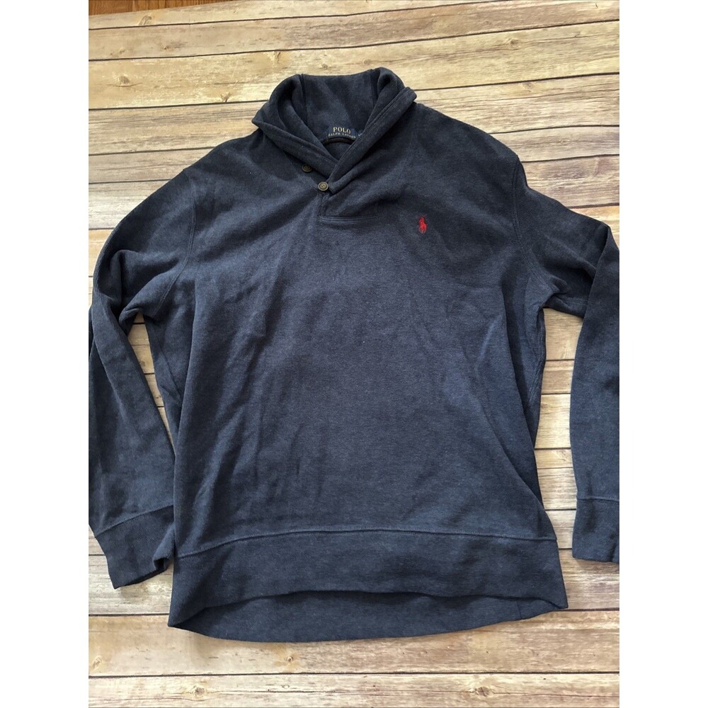 Polo Ralph Lauren Sweater Mens Large Blue  Pony 1/4 Button Mock Neck Cotton